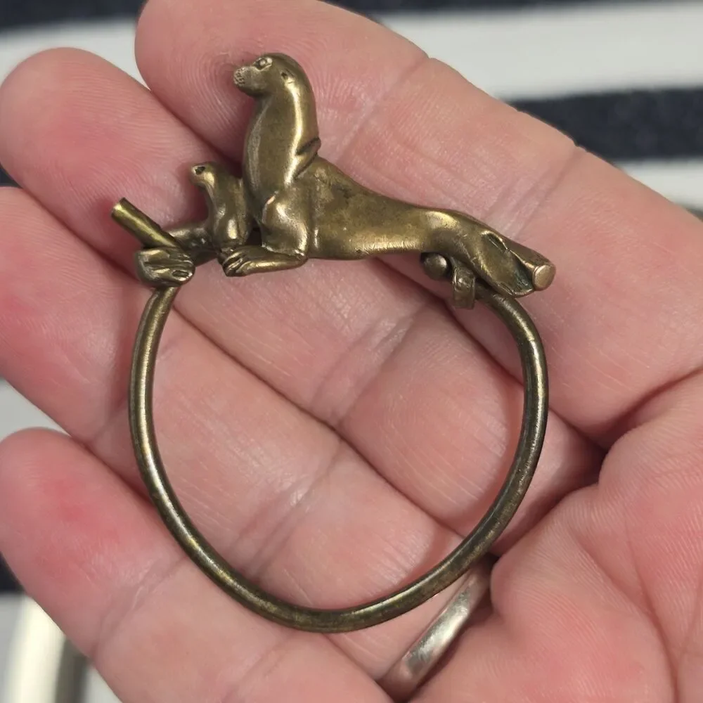 Vintage Christopher Jupp Sea Lion Mom and Baby Brass Keyring